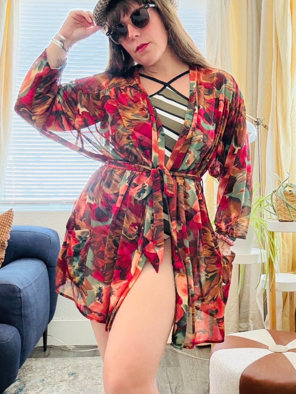 Vintage Swim Cover Up 90s Jantzen Floral Belted Sheer | Size M/L